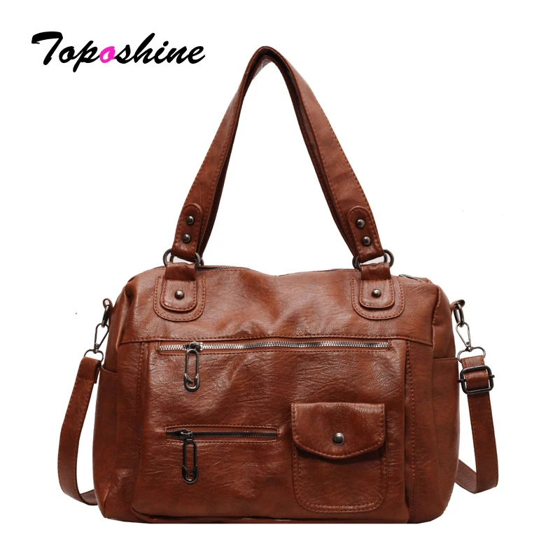 Toposhine Vintage Soft PU Leather Women's Tote Bag Multi-Pocket Large Capacity Crossbody Shoulder Bag Casual Daily Lady Handbag