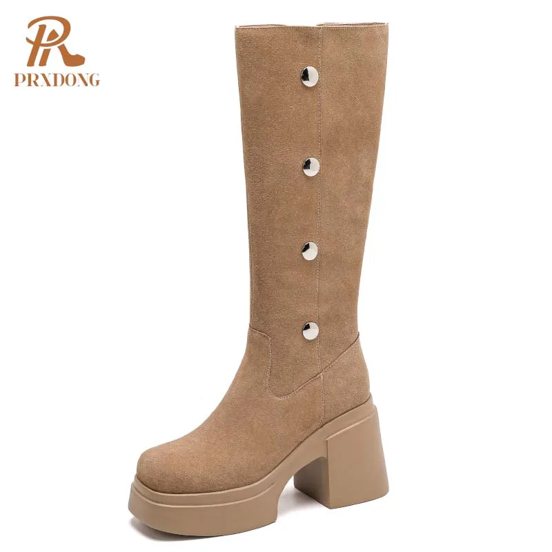 

PRXDONG 2024 New Brand Autumn WInter Warm Shoes Chunky High Heels Platform Punk Black Apricot Dress Casual Knee High Boots 33-39