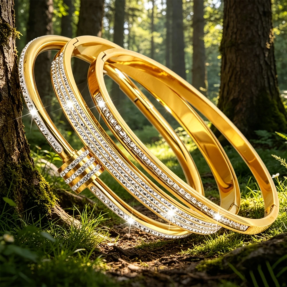 Randomly Selected 1 Piece of Women's 18K Gold-Plated Stainless Steel Bracelet, Fully Inlaid with Synthetic Zircon, Non-Fading, Stackable Luxury Jewelry, Suitable for Birthdays, Weddings, and Parties