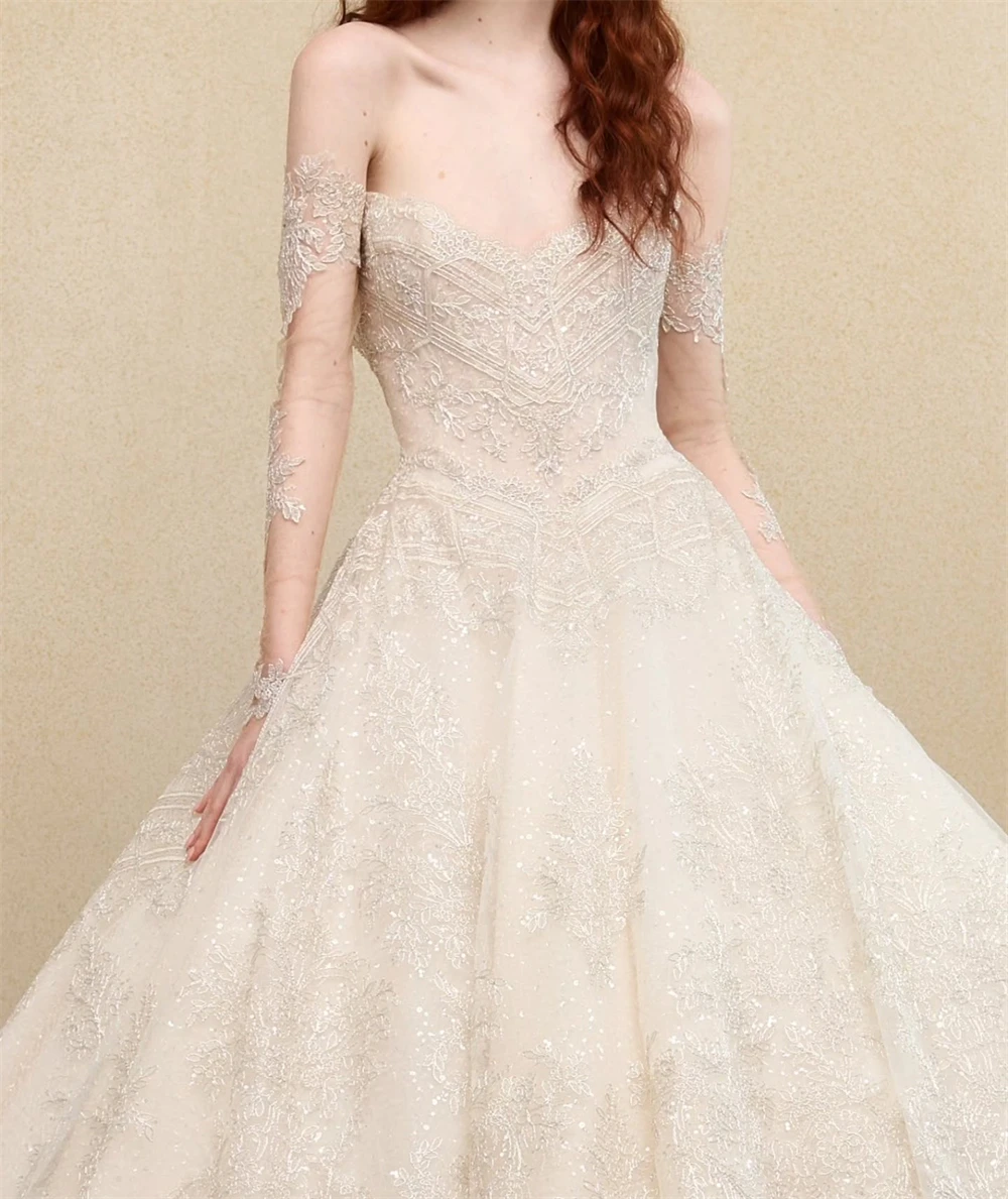 Customized Elegant White Organza Wedding Dress Sexy Boat Neck Short Sleeves Bridal Gowns Boho A-Line Chapel Train Robe de mariée
