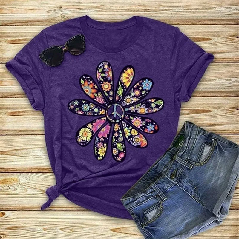 Colorful Daisy Petal Print T Shirt Women Short Sleeve O Neck Loose Tshirt Summer Women Tee Shirt Tops Camisetas Mujer - Image 5