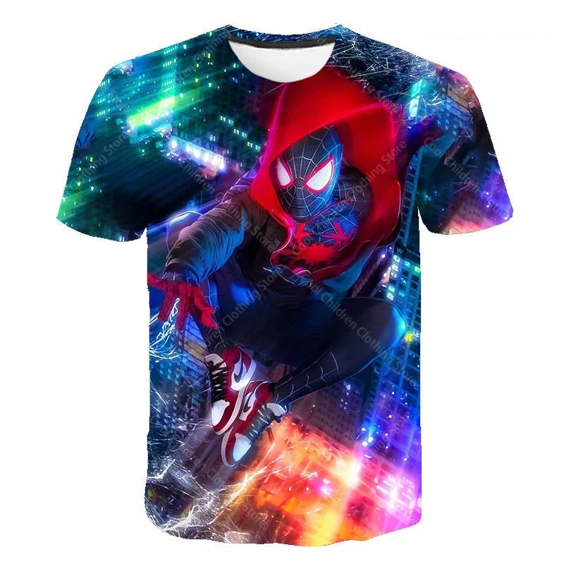 Verão miniso miniso heróis homem-aranha meninos meninas crianças impresso camiseta moda manga curta pai criança roupas camiseta