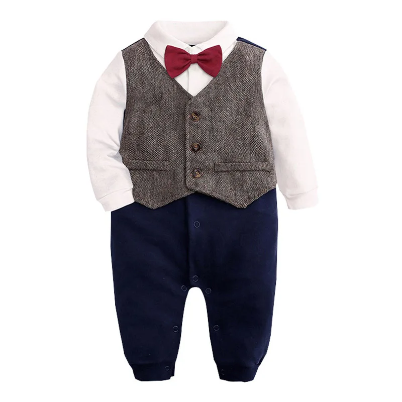 Newborn Boys Gentleman Romper Cotton Baby Boys Bow Tie Plaid Jumpsuit Christening England Clothes for Toddler 12M Clothing Suit