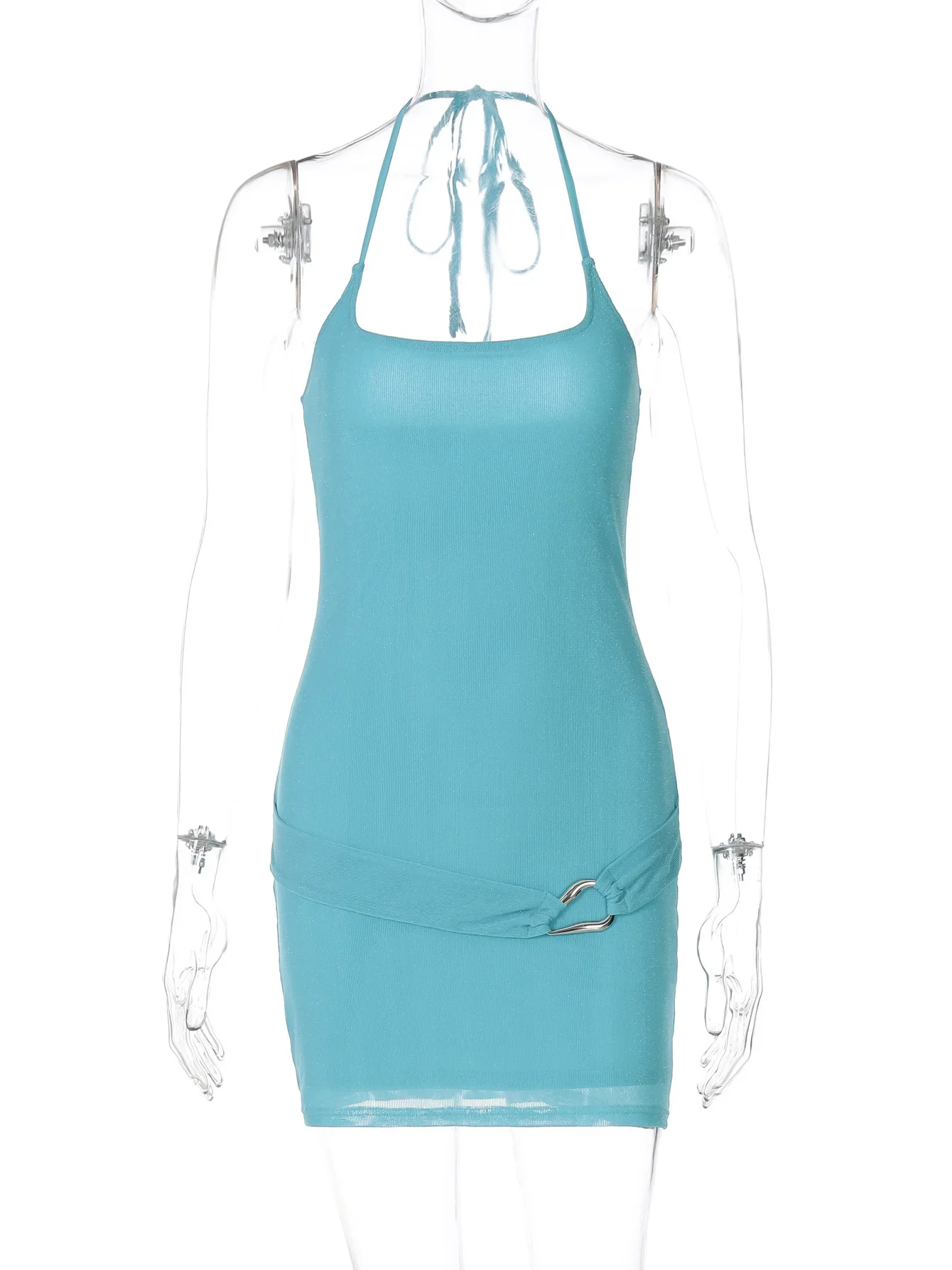 Mini robe moulante à paillettes avec boucle en métal pour femmes, Sexy, sans manches, à lacets, col licou, dos nu, Slim, fête, Clubwear, Streetwear décontracté