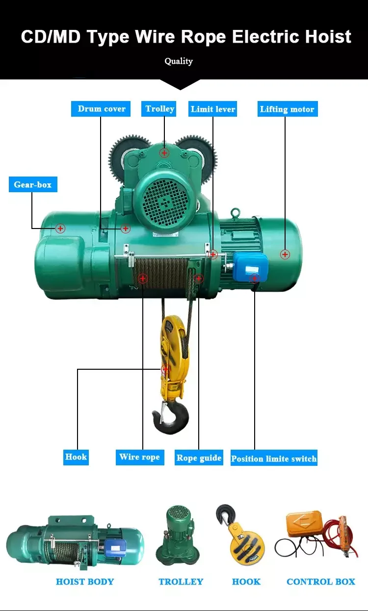 380V CD Electric Hoist Heavy Duty Wire Rope Electric Hoist double speed CD/MD hoists for gantry