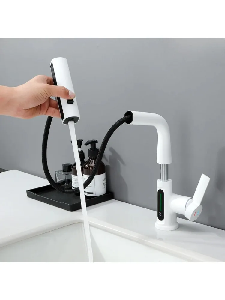 Digital Display Basin Faucet Washbasin Pull-out Hot and Cold Multi-functional Lifting and Rotating All-copper Gun Gray