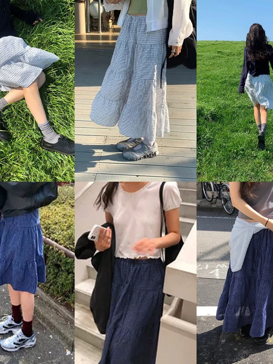 

Милая длинная клетчатая юбка, женская юбка трапециевидной формы с эластичной резинкой на талии, многослойная юбка Dongdaemun Sle Artistic Fren, весенне-летняя юбка