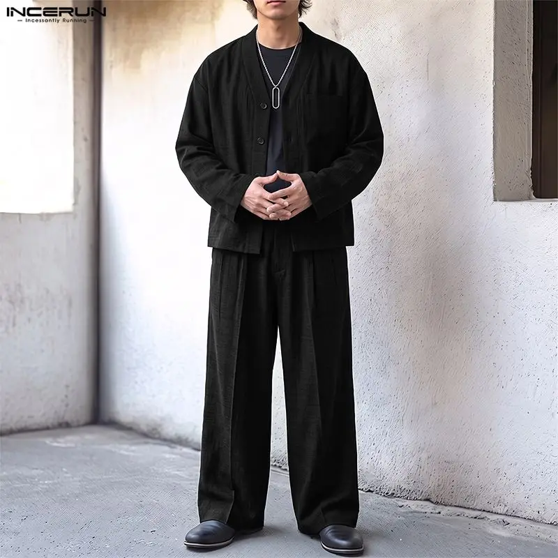 INCERUN Men Sets Solid Color Loose V Neck Long Sleeve Shirt Pants Two Piece Sets Streetwear Casual Tracksuits Men Matching Sets - view 4