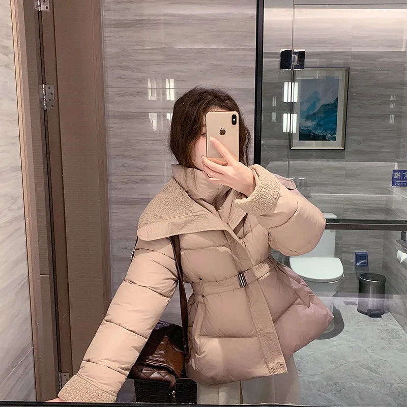 الفاخرة أسفل سترة قطن للنساء رشاقته شيرلينغ معطف قصير شتاء جديد أنيق الخصر تحديد تصميم العصرية وسادة مبطنة