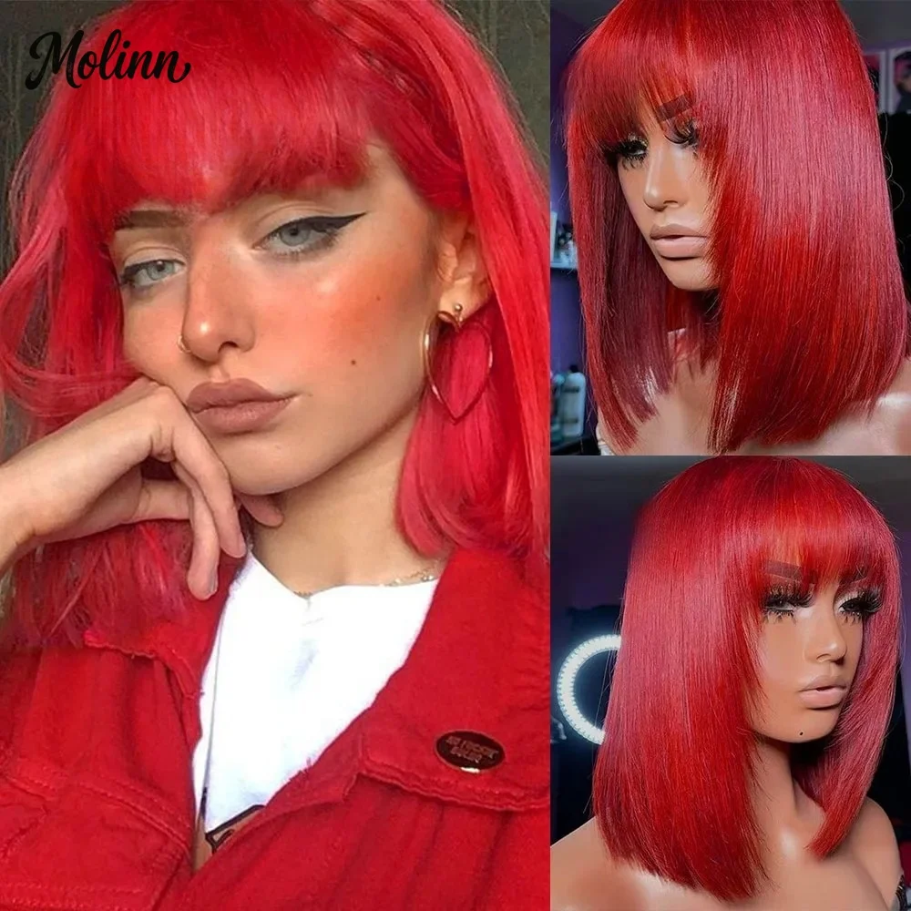 Hot Red Short Bob Lace Wigs 13x4 HD Straight Lace Front Wig with Bangs Synthetic Daily Cosplay Makeup Use On Clearance Sale