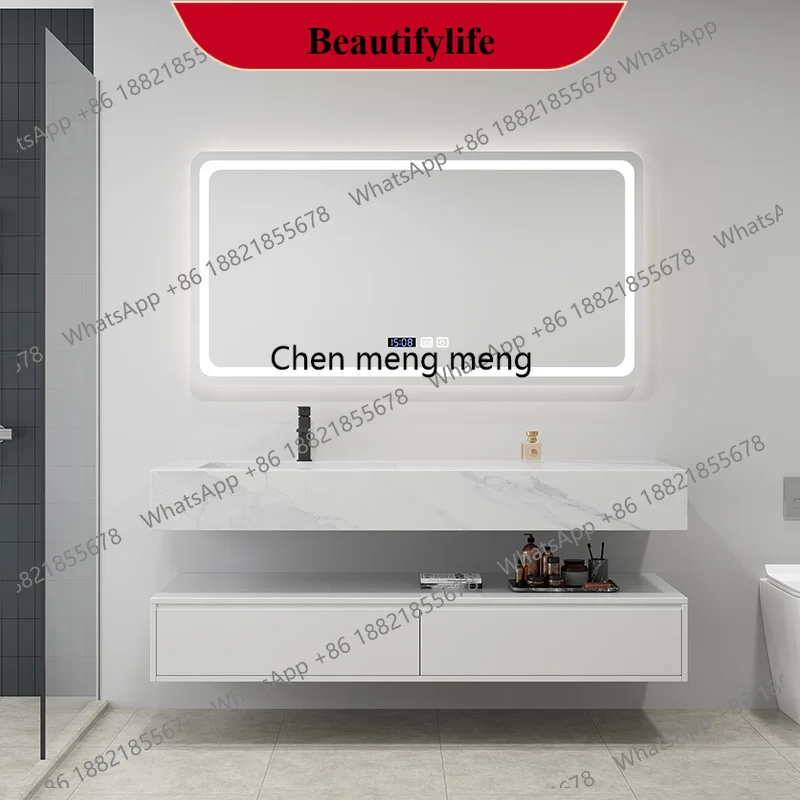 

F185 Premium Bathroom Furniture Modern Washbasin Hotel Countertop Multilayer Waterproof Solid Wood Slate Ceramic Smart Mirror Ca