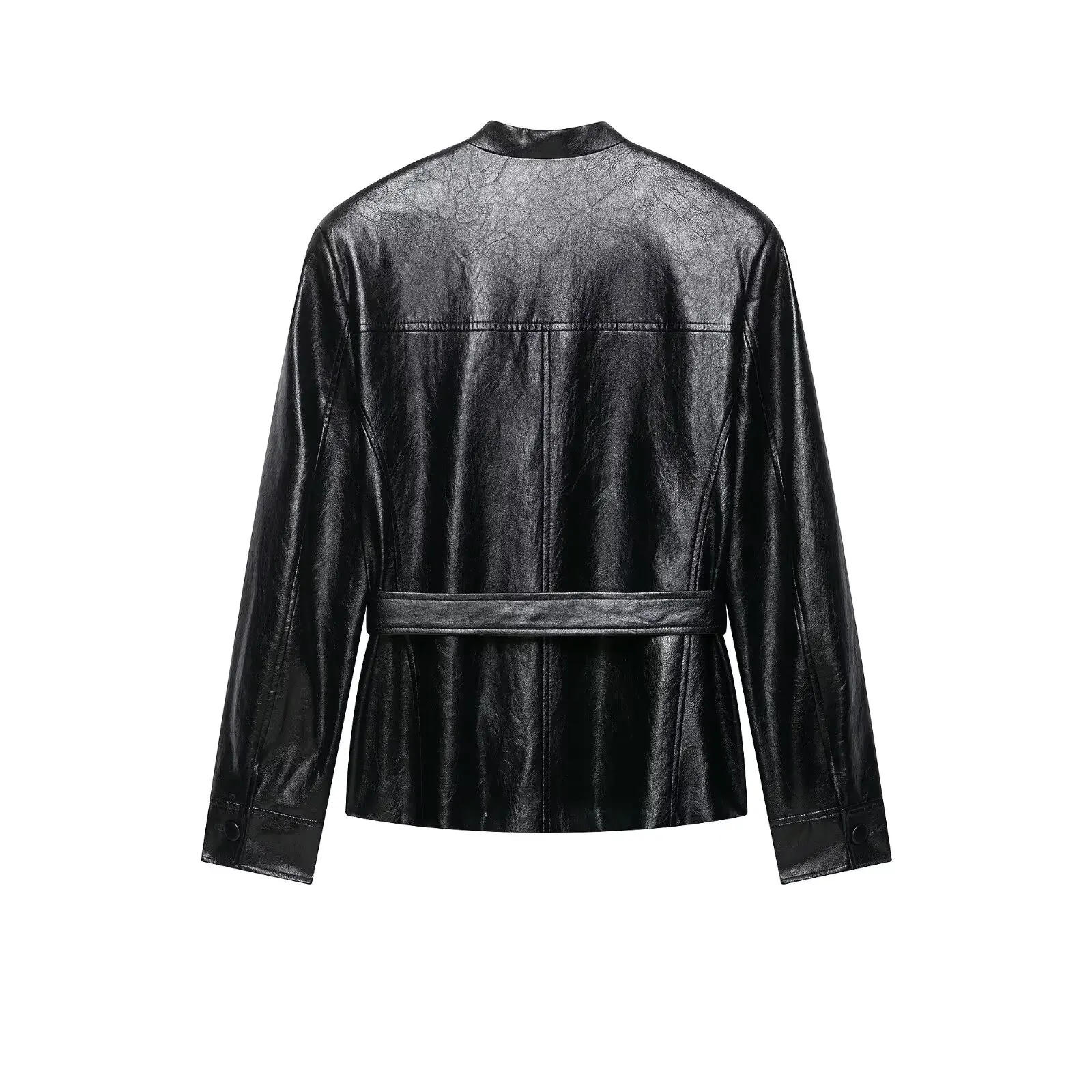 BSAY 2026 New Autumn Women Belted Faux Leather Jacket Round Collar Epaulet Decor Flap Pockets Long Sleeve Vintage Slim Outerwear