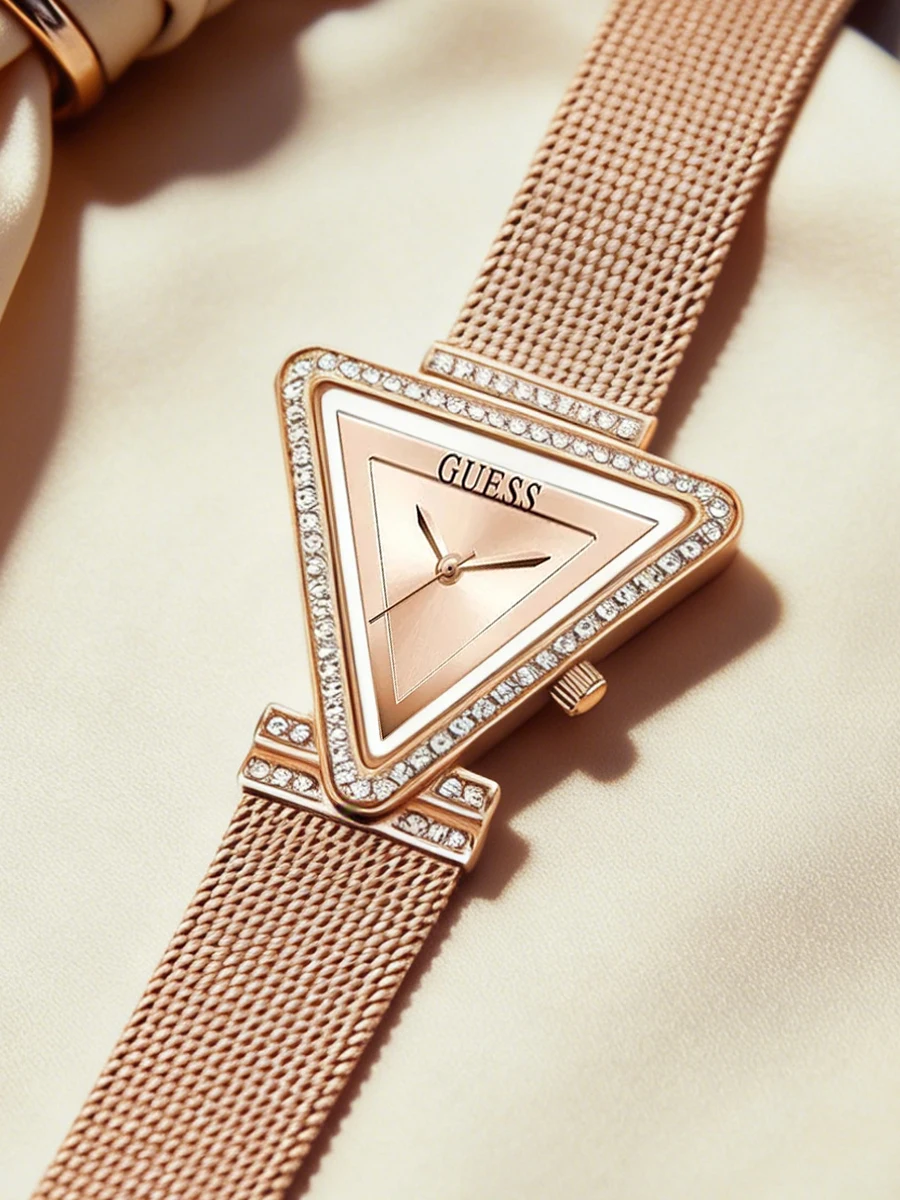 Reloj GUESS para mujer GW0508L3, reloj de pulsera triangular de cuarzo, correa de malla de oro rosa, bisel de cristal, regalo diario para novia y esposa