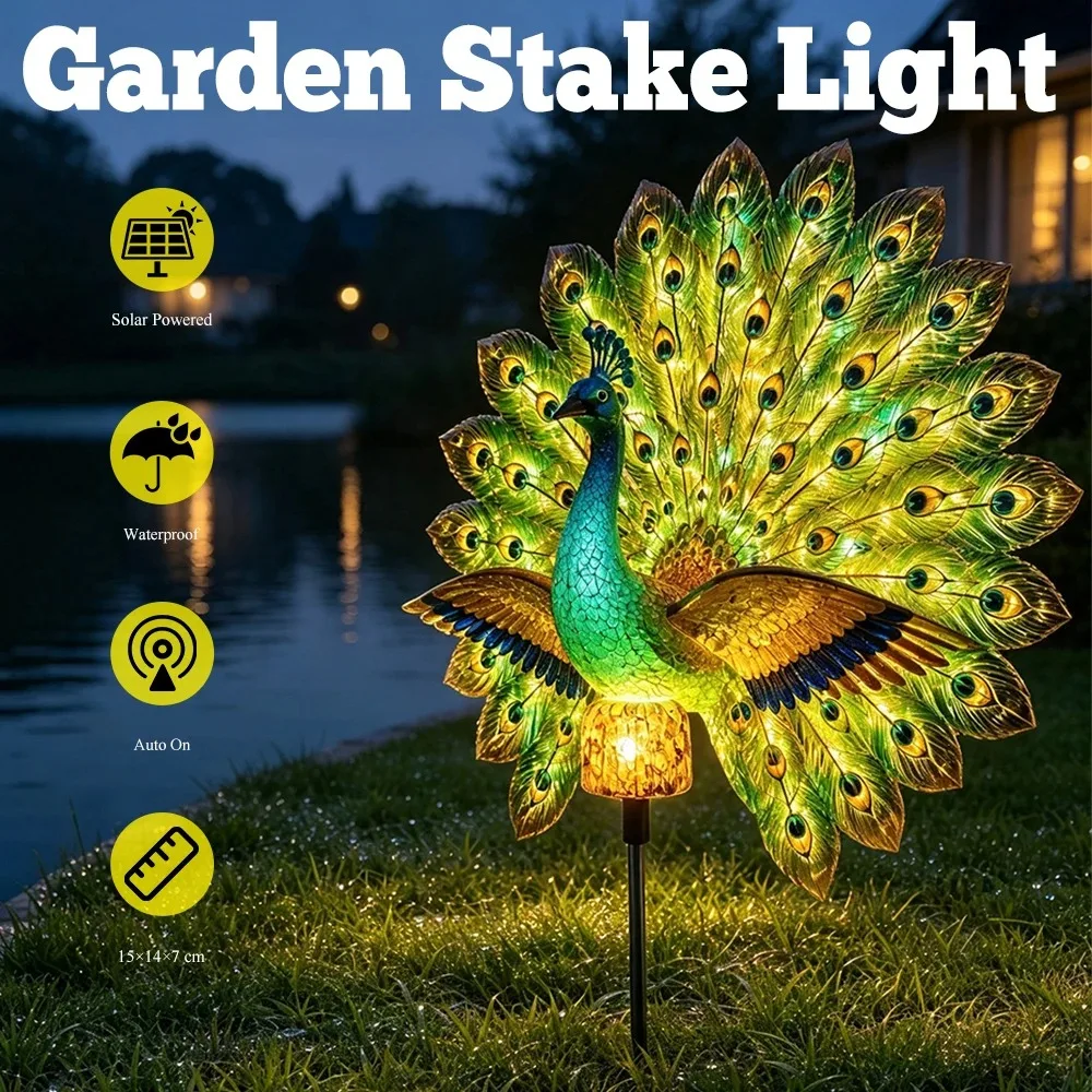 Solar Powered Peacock Garden Stake Light Resin Waterproof Auto on LED Peacock Figurine Lamp for Outdoor Yard Lawn Pathway Decor