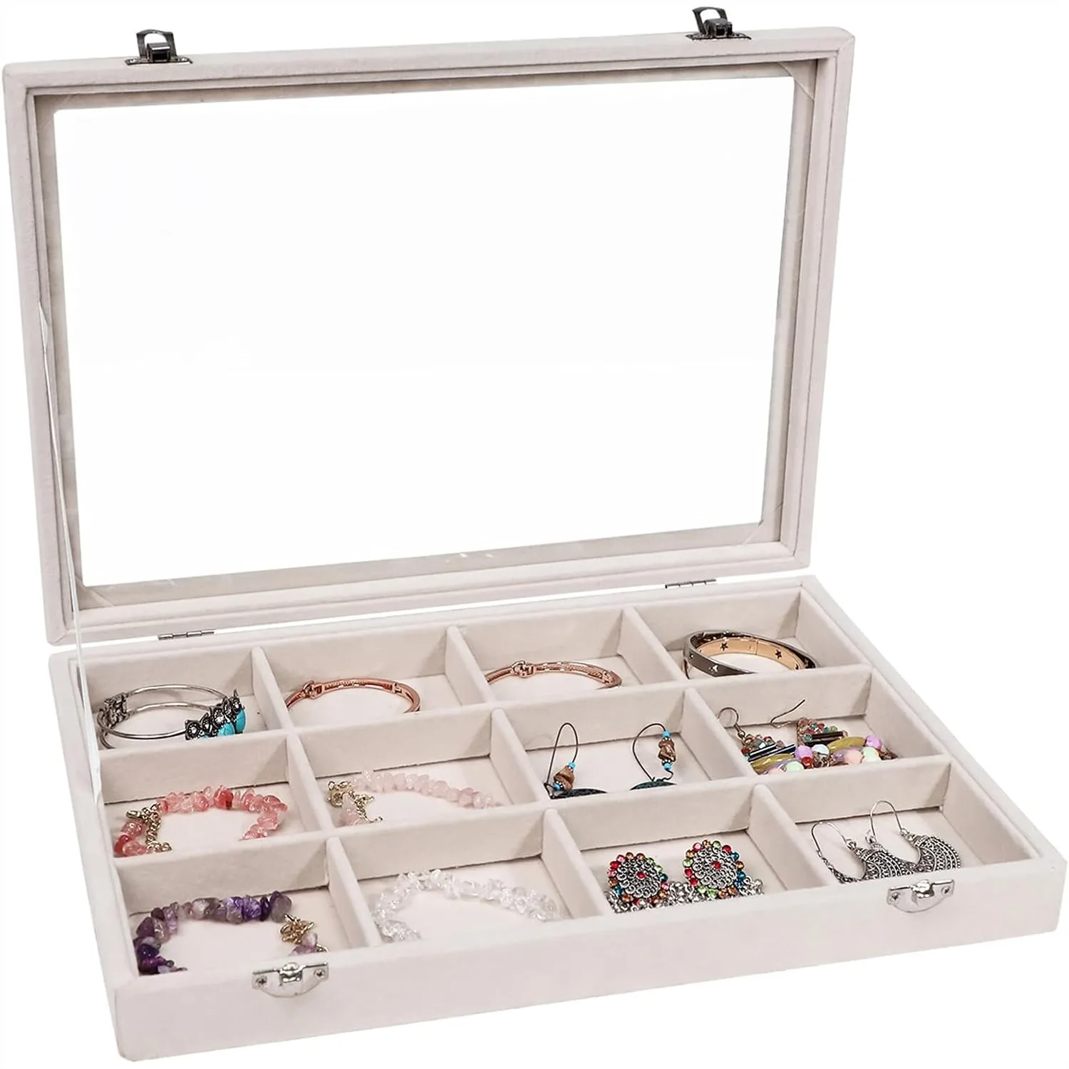 Jewelry Organizer Box with Lid 12 Grid Stackable Velvet Tray for Drawer Necklace Bracelet Storage