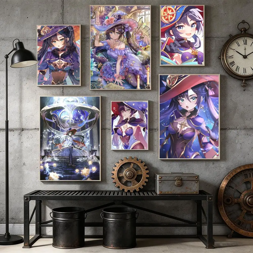 Póster de Mona Megistus Genshin Impact, adhesivo artístico para pared de bar, mural autoadhesivo impermeable para decoración de sala de estar y dormitorio