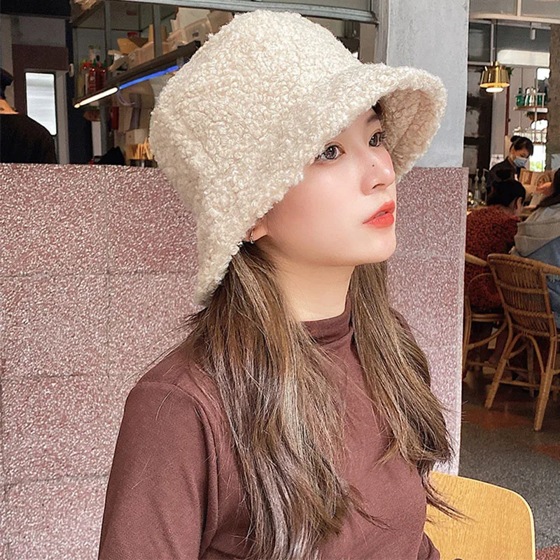 Women Bucket Hats Solid Color Autumn Winter Lamb Wool Outdoor Warm Panama Caps Harajuku Style Unisex Fishing Fisherman Hats