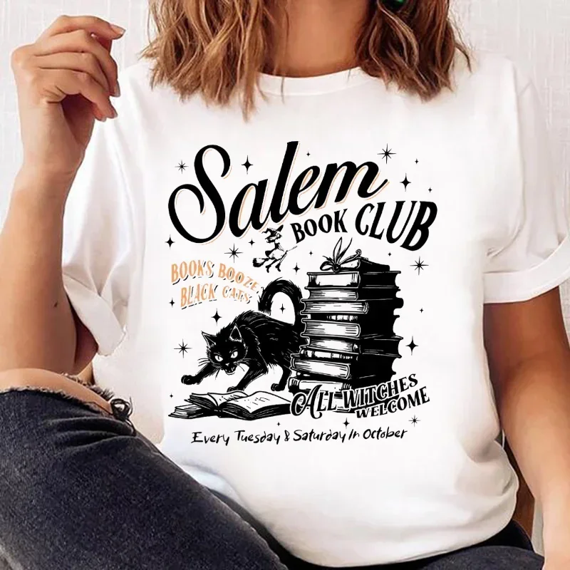 Black Cat Salem Book Club All Witches Welcome T-Shirt Fashion Pattern Top Short Sleeve Summer Shirt Printed Retro Women\'s T-Shir