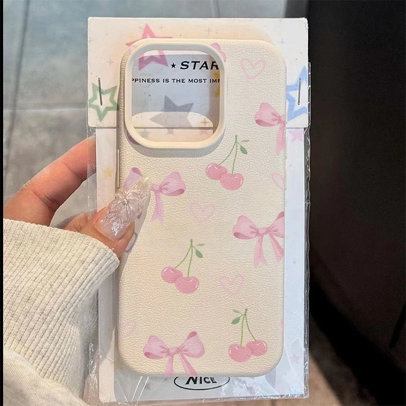 

Pink Bow with a Heart And Cherry Design Phone Case For iPhone 17E 16 15 Pro Max 14 13 12 11 XS Max XR 7 8 Plus 16E 17 Air Cover