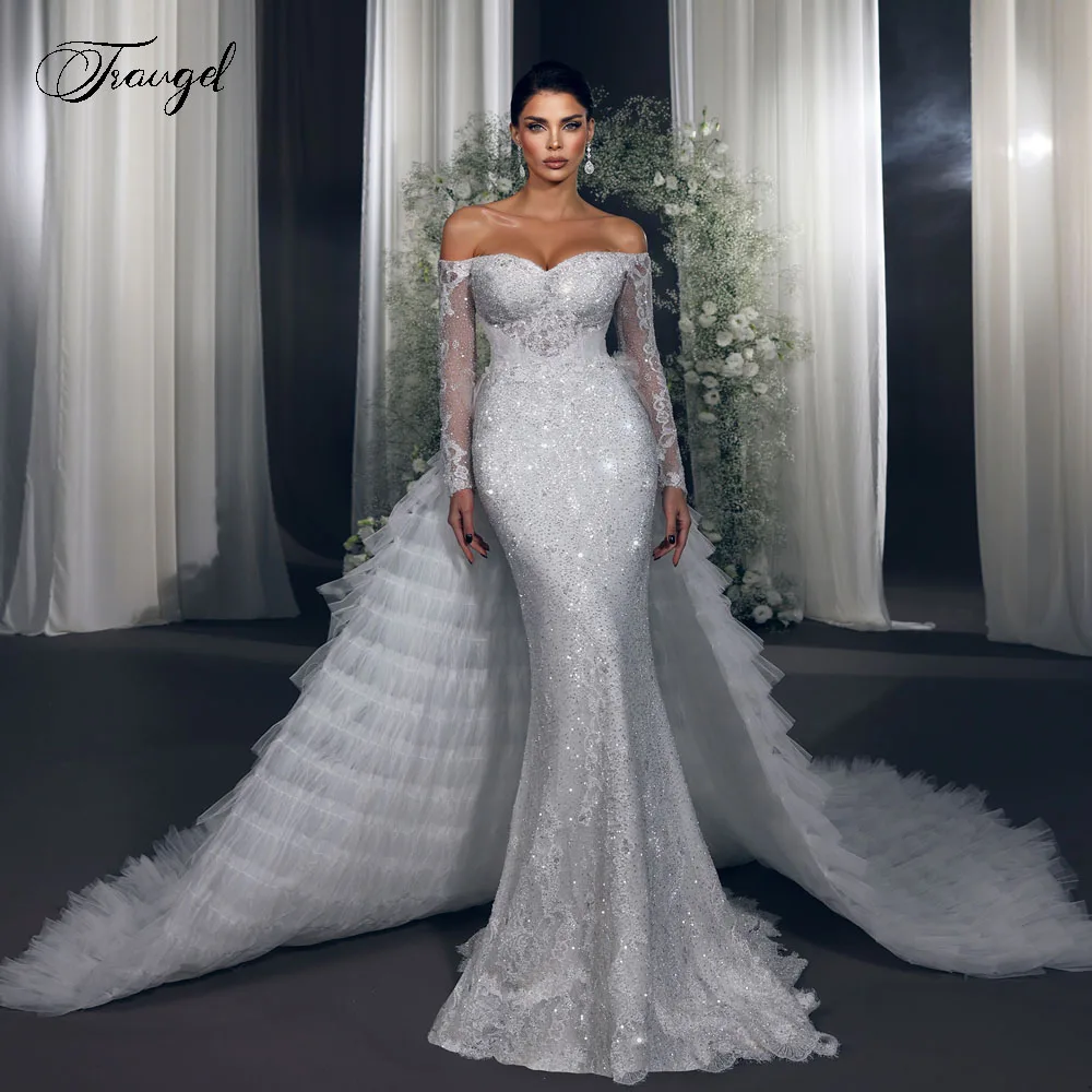 

Customized Off The Shoulder Vintage Mermaid Wedding Dresses Lace Embroidery Vestido De Novia Detachable Train Robe De Mariee