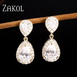 ZAKOL Trendy White And Gold Color Teadrop Crystal Dangle Earrings for Women Water Drop Shape Female Bride Wedding Wholesale