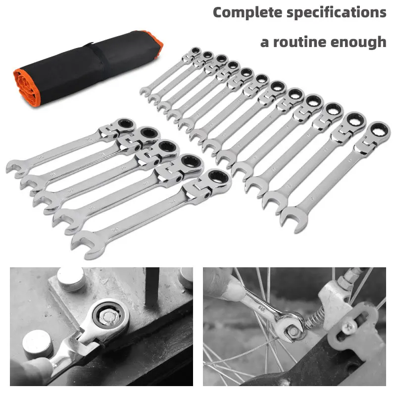 Active Head Ratcheting Wrench Set Metric Adjustable angle  Ratchet Combination Wrenches CR-V Spanner Set Car Repair key ToolsBag