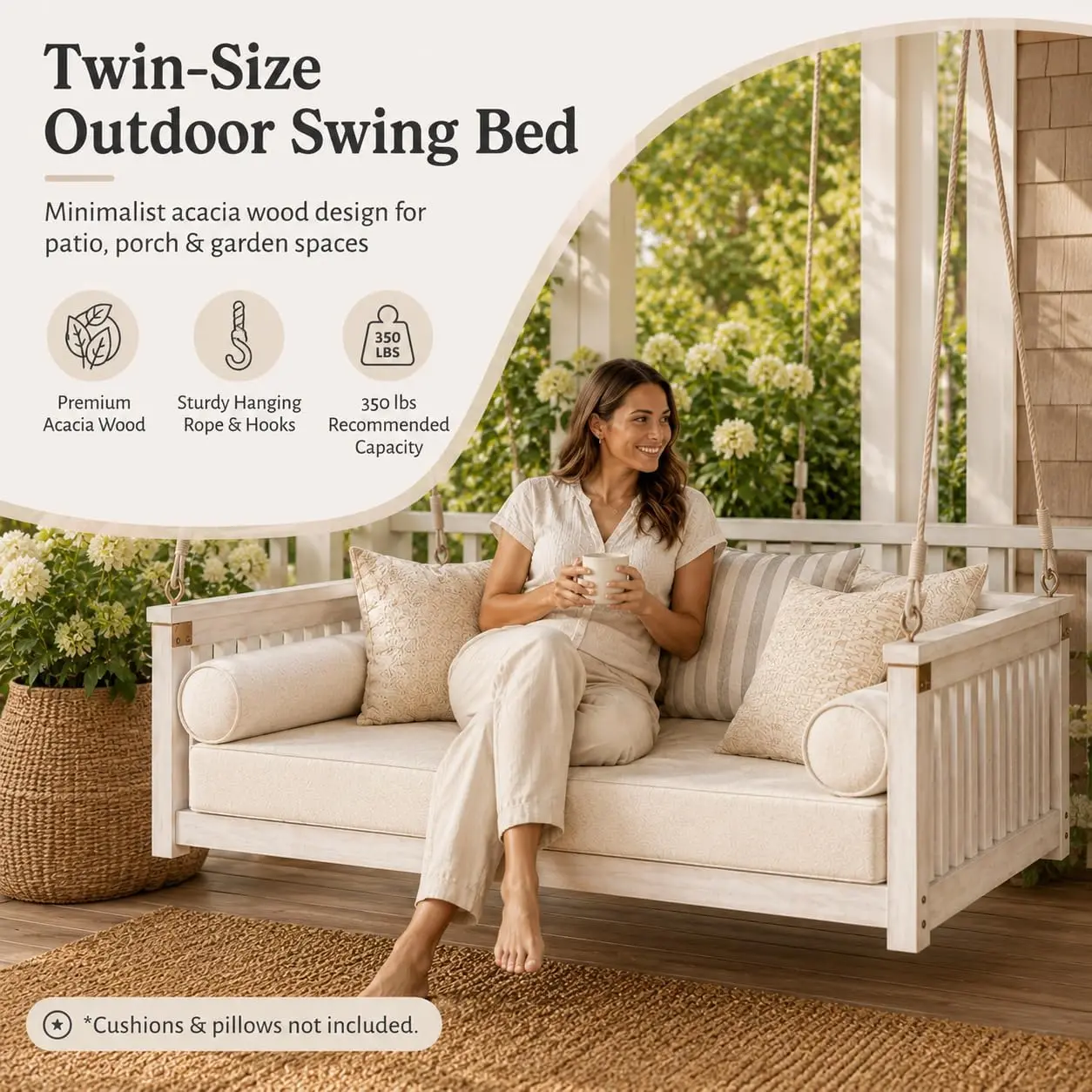 

Acacia Wood Porch Swing Bed Twin Size Outdoor Hanging Daybed with Ropes for Patio Garden Front Porch 350 LBS Capacity
