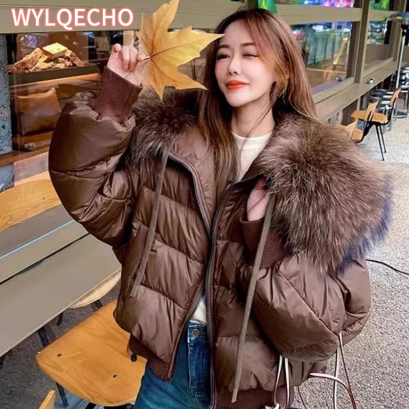 2024 Winter Puffer Jacket Women Thick Warm Short Parkas Real Natural Raccoon Fur Female Loose 90% White Duck Down Coat