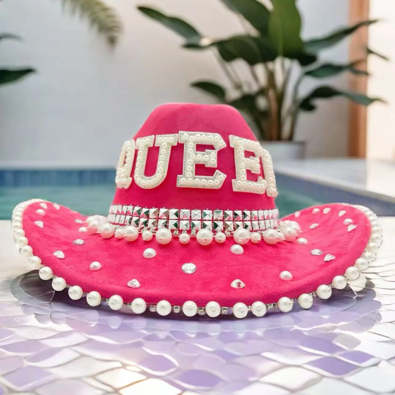 หมวกแฟนซีสีชมพูประดับกลิตเตอร์และคริสตัลสำหรับผู้หญิง ฮงหลวน หมวกคาวบอยสำหรับคอสเพลย์ผู้หญิง และหมวกคาวเกิร์ล