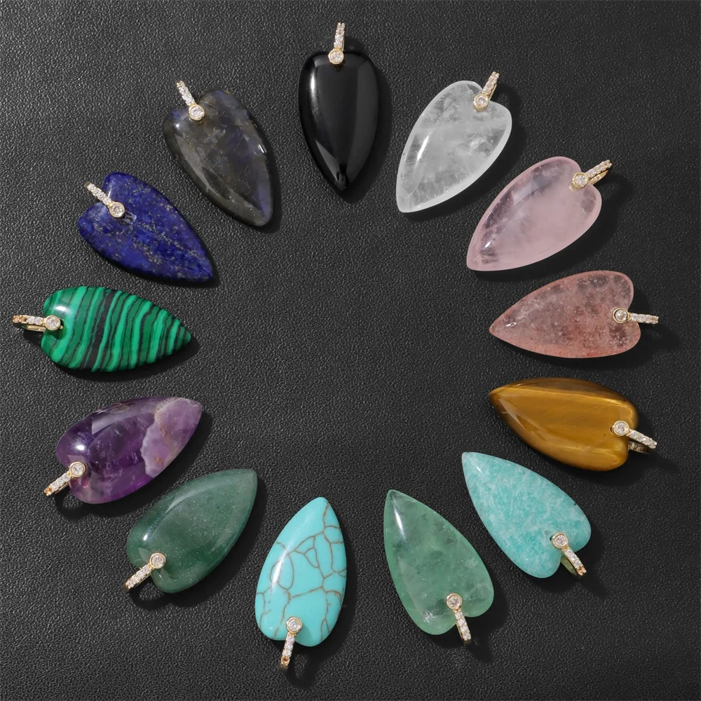 2PCS Natural Stone Heart Pendants 16X27MM Polished Quartz Amethyst Lapis Lazuli Charms with CZ Bail For Jewelry Making Necklace