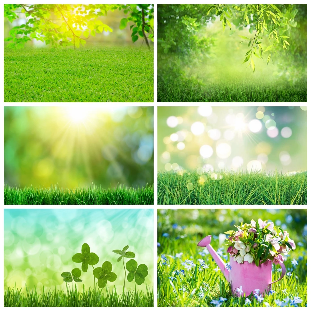 Spring Green Grass Photography Backdrops Vibrant Bokeh Natural Scenery Bride Wedding Baby Shower Kids Portrait Photo Background