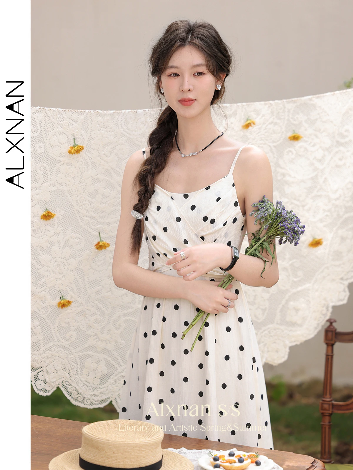 ALXNAN Summer Dot Apricot Camisole Dress for Women 2024 New French Style Elegant A-line Sleeveless Midi Dresses Clothing L33833