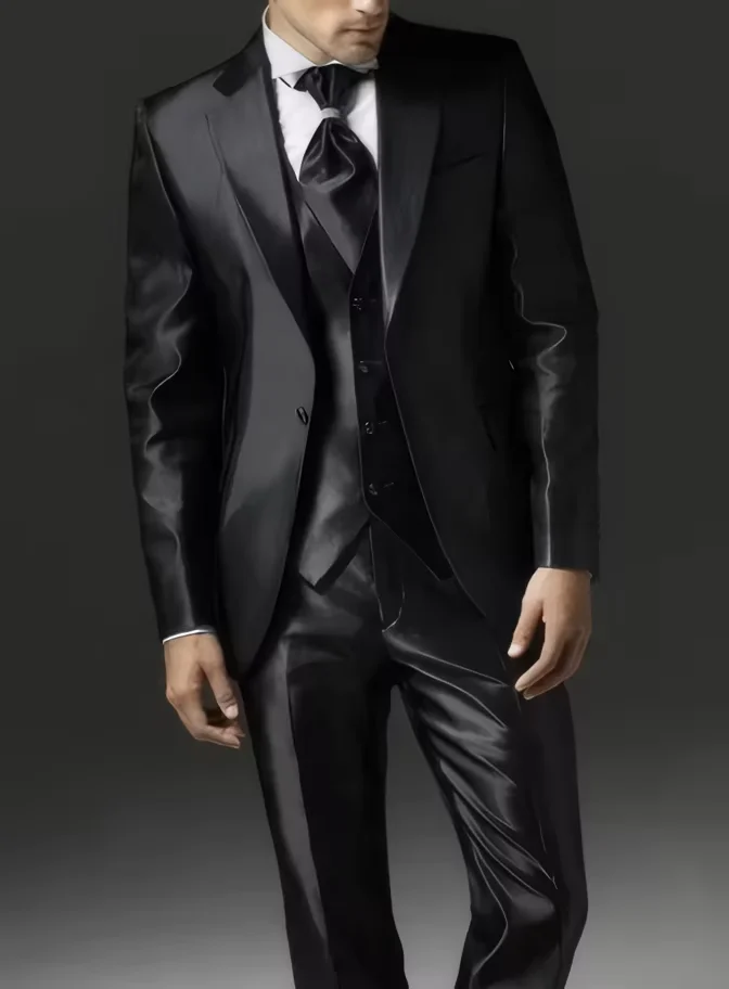 2025 New Style Black Two Bottom Satin Beach Men Suit Men's Wedding Prom Suits Costume Homme 3 Pieces (Jacket+Pant+Vest)