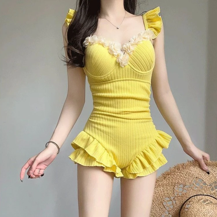 Solid Color High Elasticity Women One Piece Swimwear Lace Detail Halter Strap Full Coverage Bottom for Resort Spa