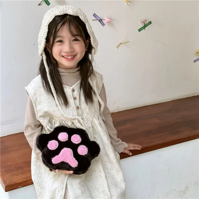 Kawaii Plush Cat Claws Crossbody Shoulder Bag For Girls Children Cartoon Fluffy Messenger Bags Soft Stuffed Cats Paw Coin Purse