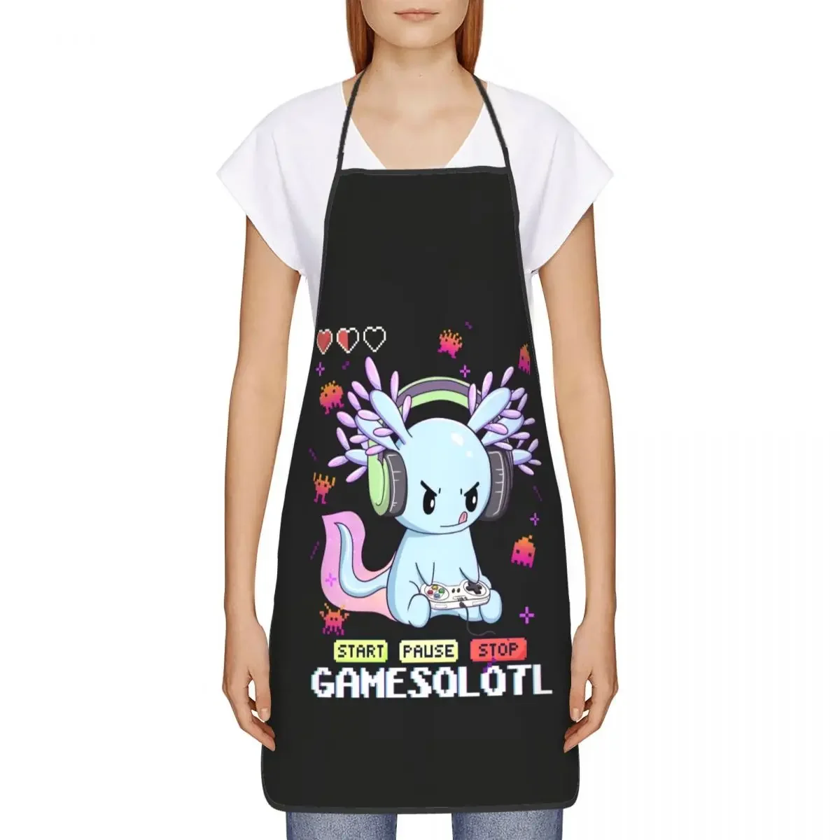 Axolotl Fish Playing Video Game Bib Aprons Men Women Kitchen Chef Axolotl Lizard Gamers Tablier Cuisine for Cooking Baking