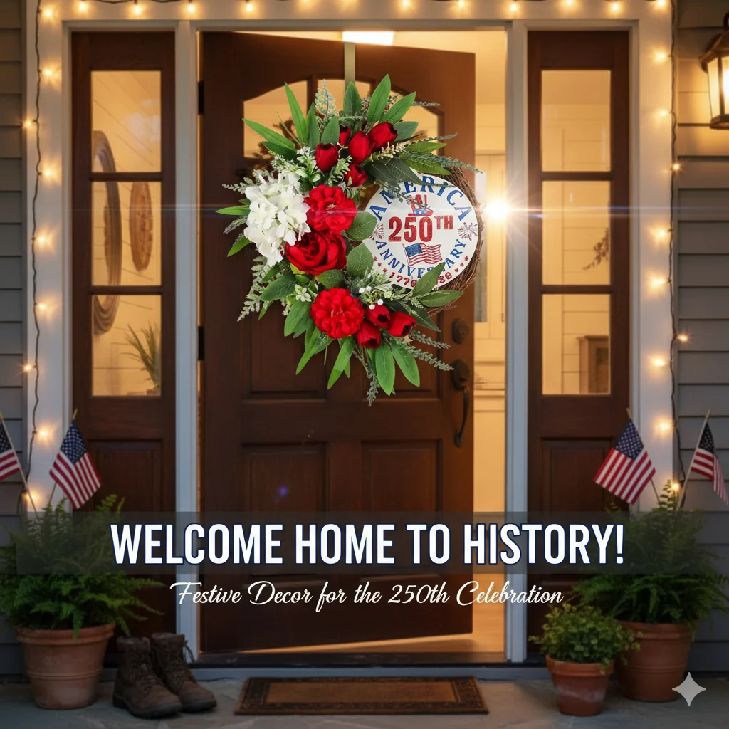 

Wooden Round Patriotic Door Sign With Floral Wreath Hanging Decor For 250th Anniversary Front Door Porch Wall