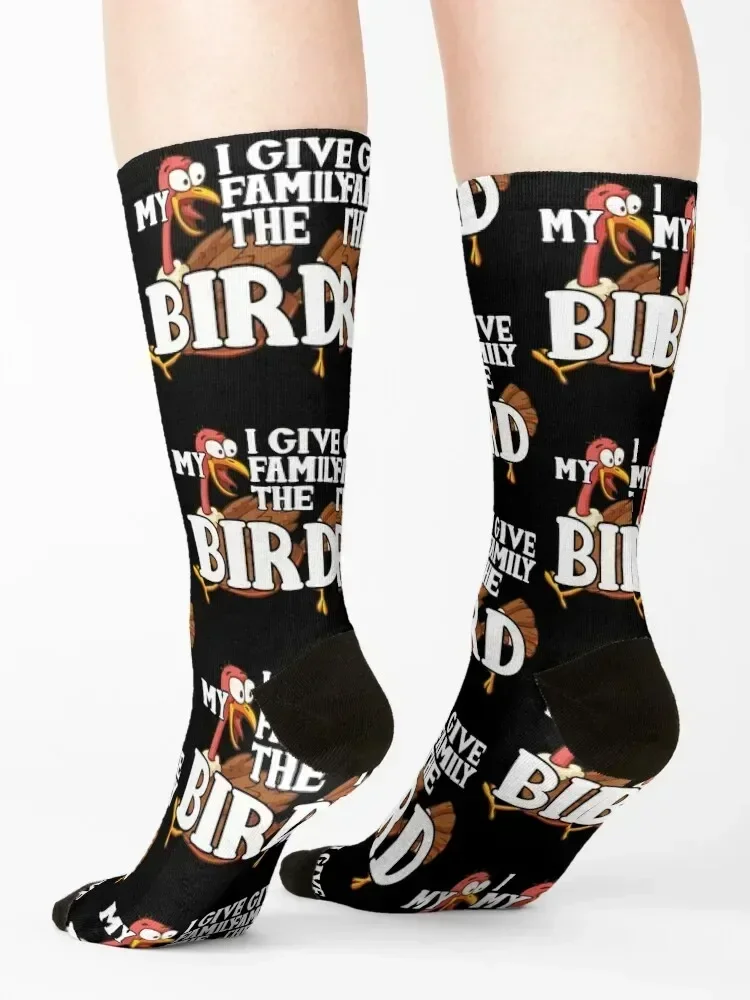عشاء عيد الشكر المضحك - I Give My Family the Bird Socks المشي لمسافات طويلة جوارب رجالية فاخرة مجنونة فاخرة للنساء