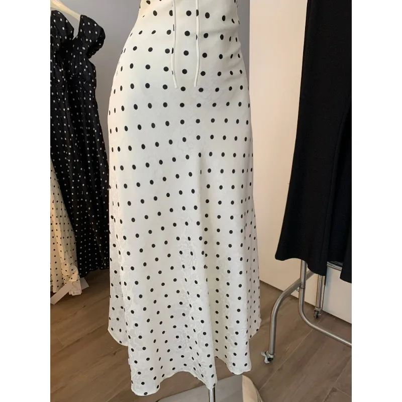 Robe élégante à manches courtes pour femmes, Style français, jupe longue amincissante, col à volants, à pois, été