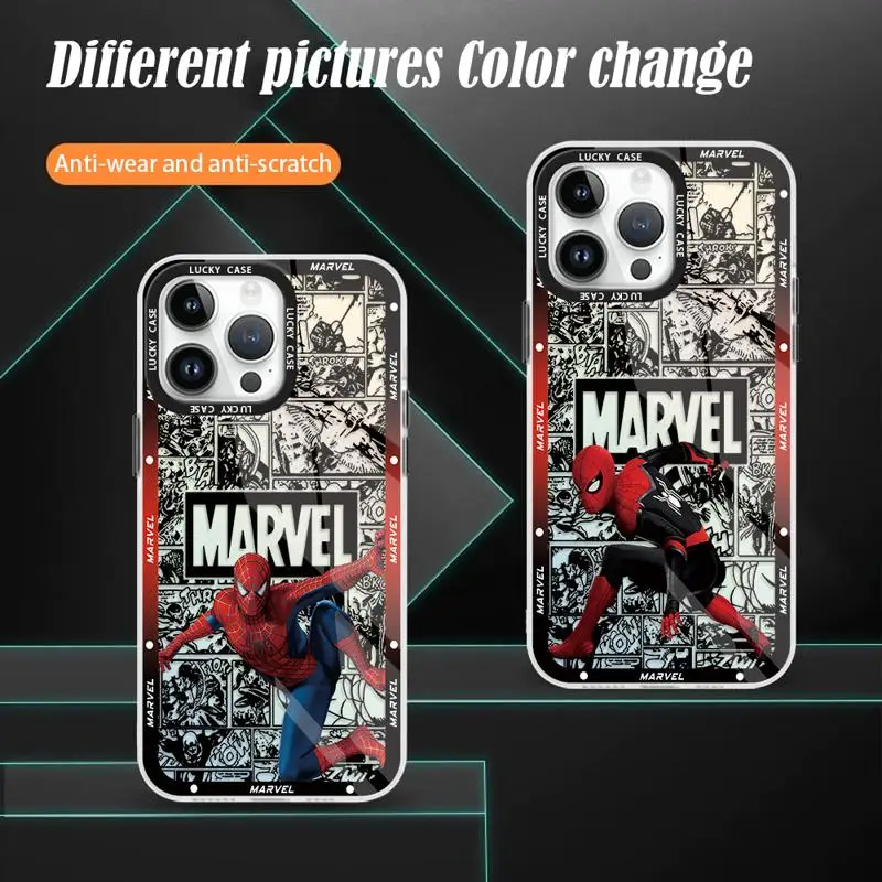 Color Matte Case for iPhone 15 14 13 12 11 pro Max XS XR X 7 8 Marvel Spiderman Comics Peter Parker Iridescent Laser Clear Cover