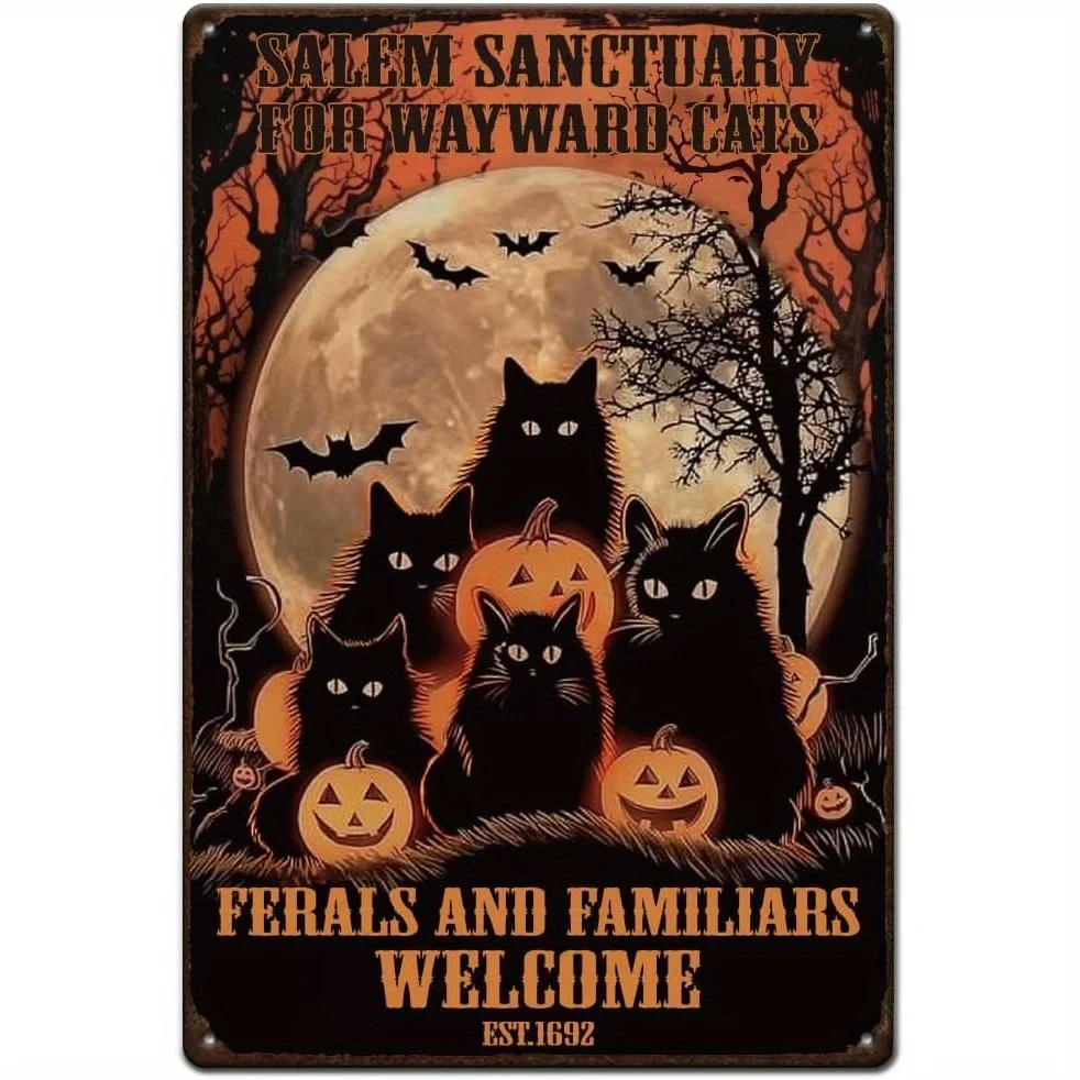 SUPERDANT Halloween Cat Tin Sign - Metal Wall Art with Black Cats, Pumpkins & Bats, Moonlit Night Scene, 