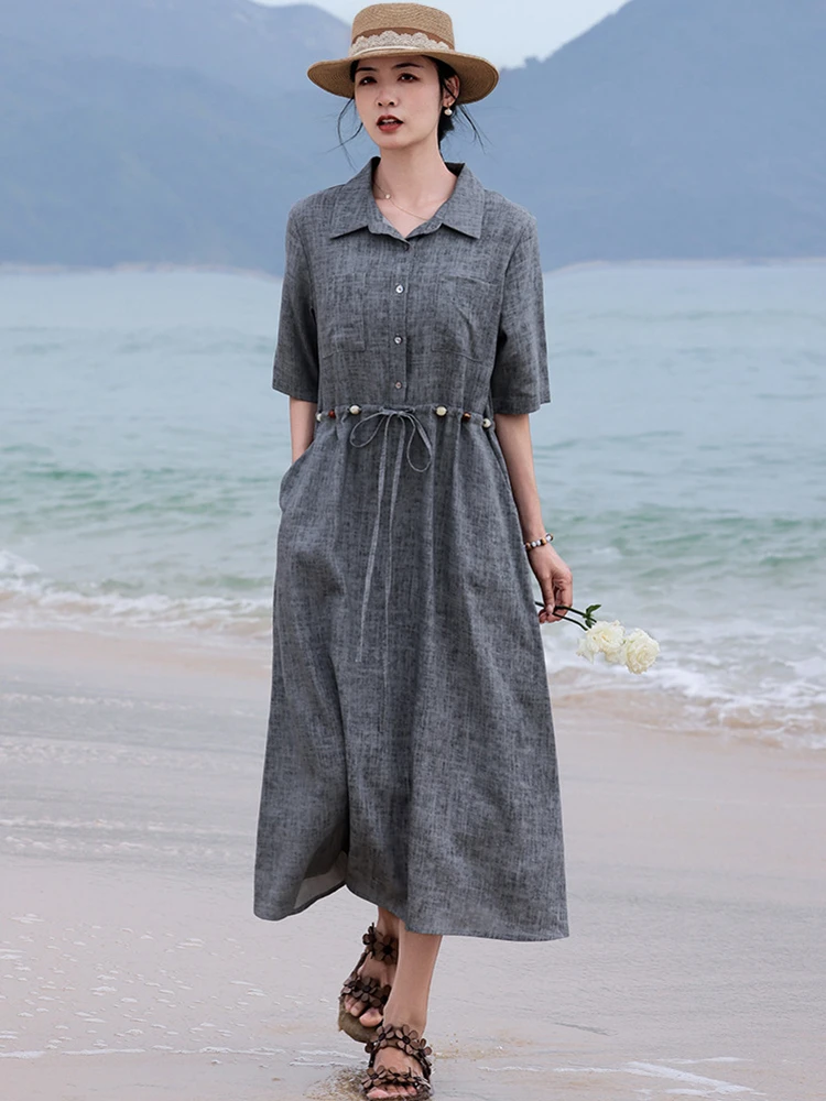 

Высококачественное длинное платье из рами для женщин, новинка 2026 года, летняя мода, с отложным воротником, однотонное, элегантное, А-силуэт, M2431