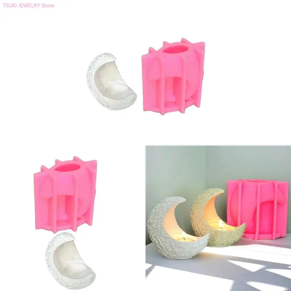 

62KE Moon Holder Molds Handmade Tealight Holder Molds Concrete Gypsum Mold Candlesticks Silicone Mould Home Decorations