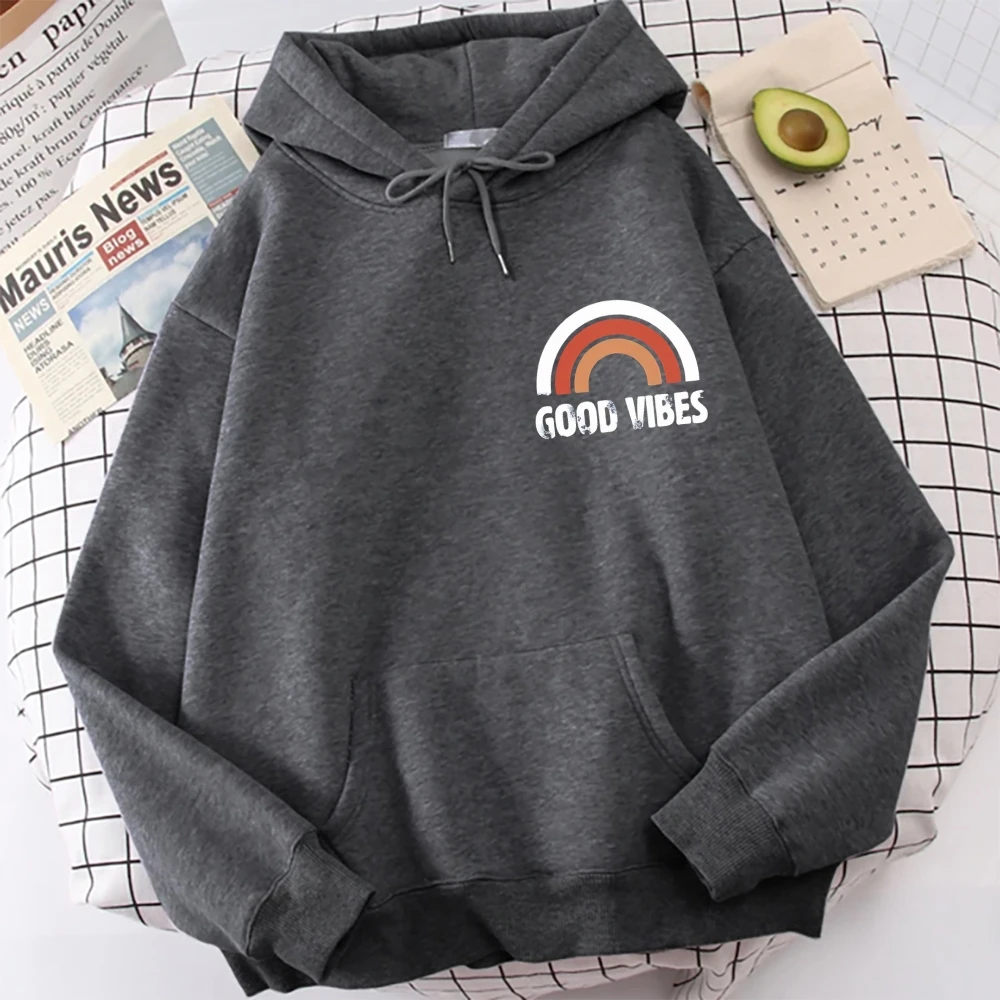 Sweat à capuche arc-en-ciel Good Vibes, Design graphique positif, tendance, décontracté, ample, manches longues, à la mode, mignon, confortable, hauts en tissu