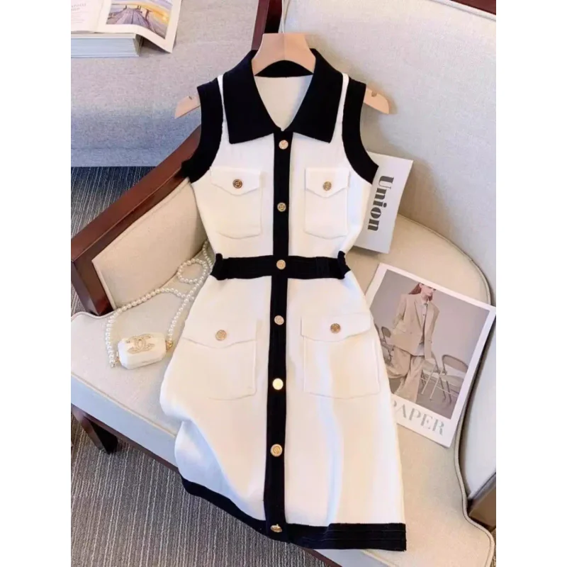 Polo Collar Sleeveless Knitted Dress Women's Slim Fit A Line Bodycon Skirt Female
