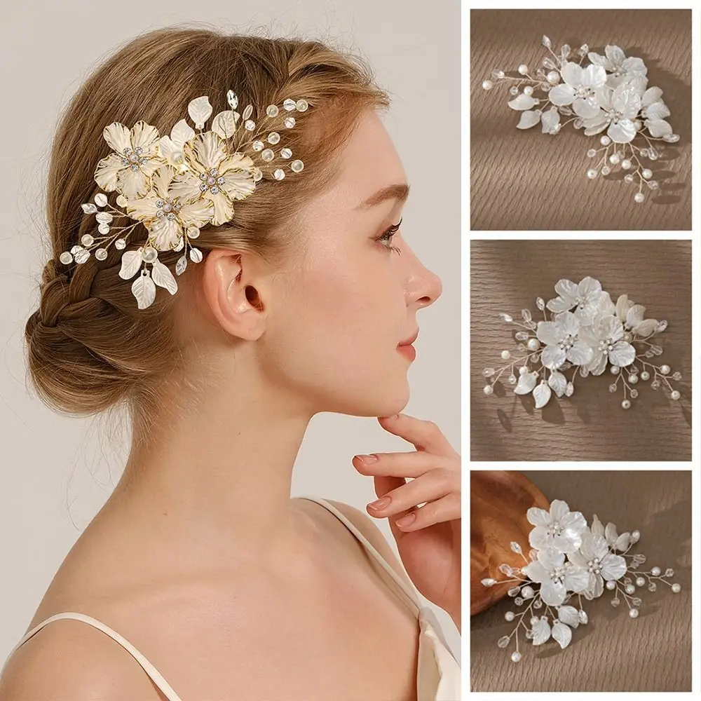 Exquisite Crystal Pearl Flower Bridal Headwear Handmade Elegant Bride Headdress Luxury White Wedding Hairpin Hair Accessories