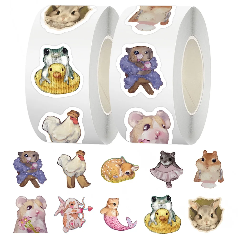 

500pcs/Roll Retro Oil Painting Animals Cartoon Sealing Stickers DIY PVC Laptop Decals Decoration Reward Gift Toy