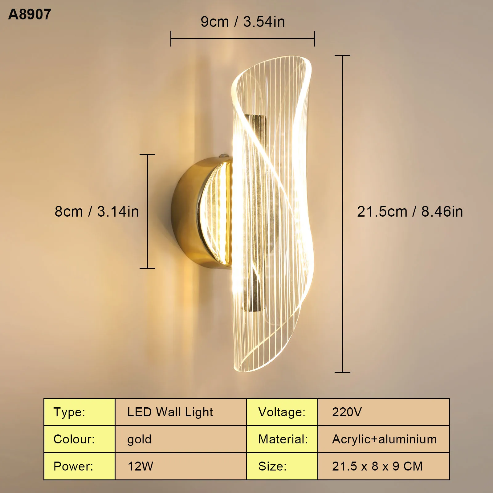 LED Innen-Wandleuchte, 12W Dimmbare Moderne Wandlampe Gold, Acryl Innen-Wandbeleuchtung für Schlafzimmer, Flur, Veranda – Detail 1