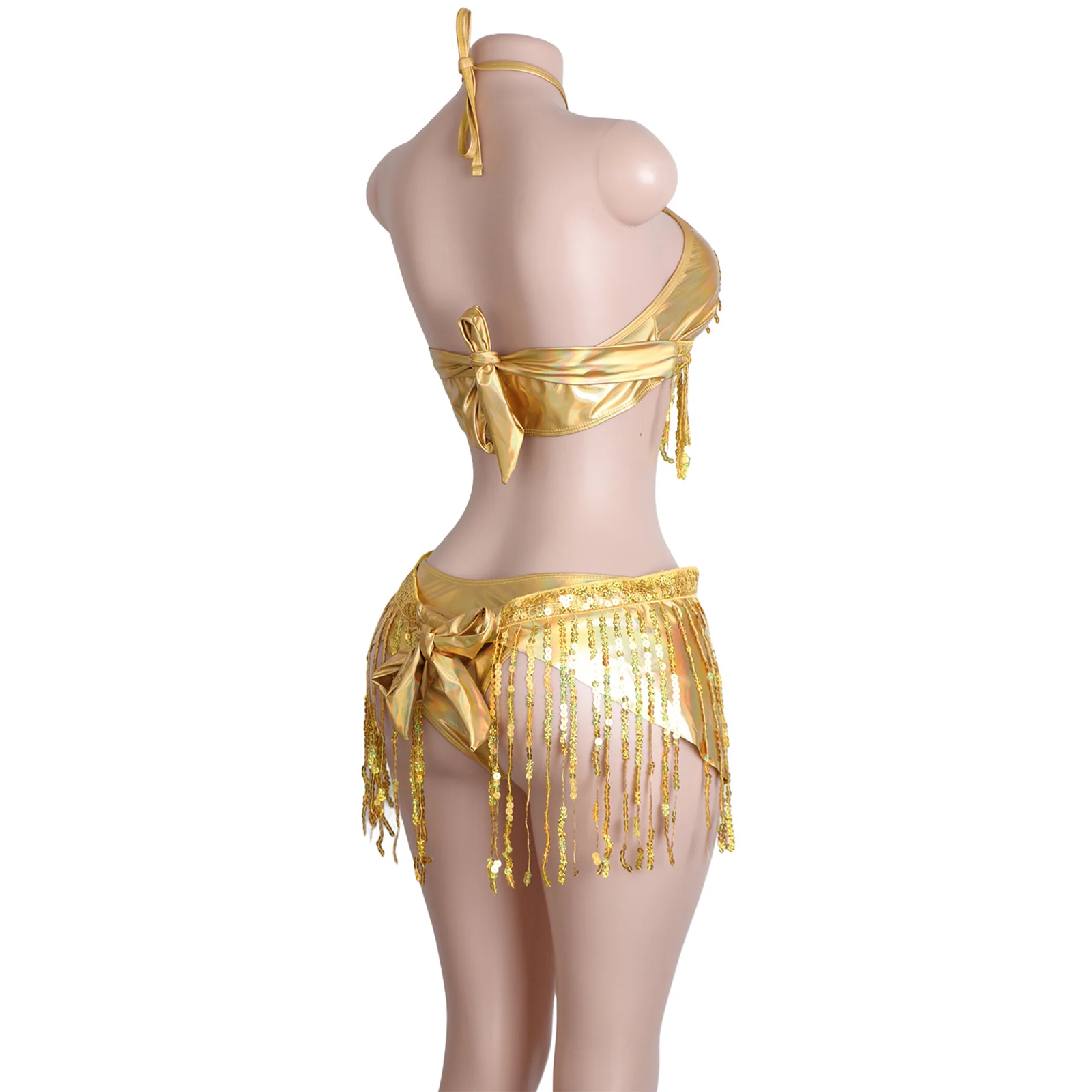 Sequined Golden Tassels Stripes Sexy Lingerie Set Performance Wear Erotic Clubwear Women Outfits Adjustable Straps Dancewear