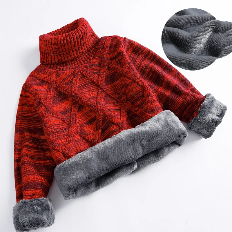 Autumn Winter Children Turtleneck Sweater For Boys Cotton Plus Velvet Thicken Baby Boys Pullovers Argyle Kid Boys Knitted Jumper